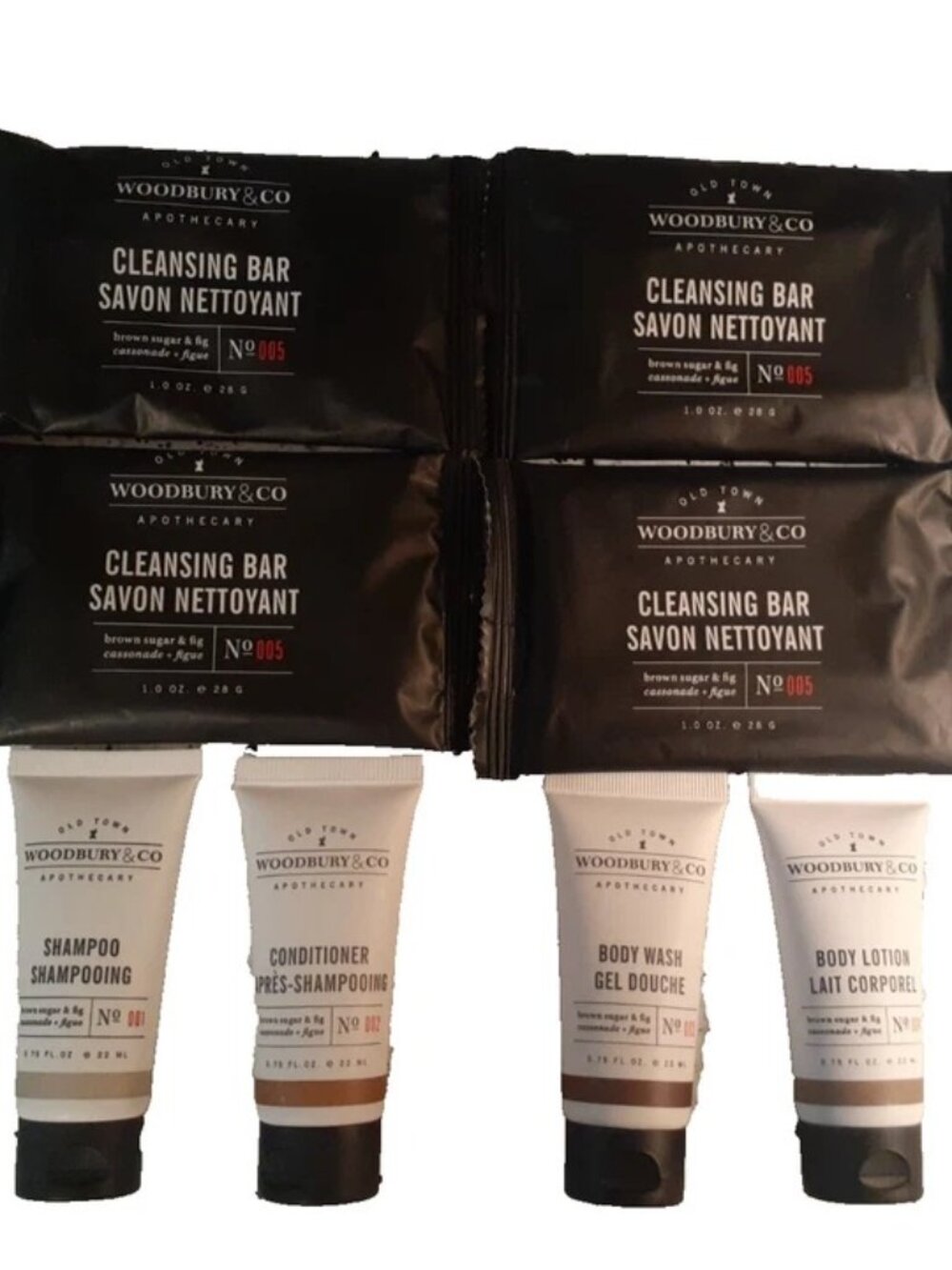 Woodbury & Co Travel set Soap Shampoo Conditioner Gel Lotion Brown Sugar Fig New